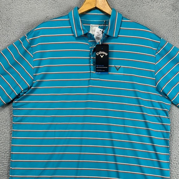 Callaway Adult Mens Opti-Dri Golf Polo Shirt Large Blue Orange Striped Rugby NEW - Picture 1 of 10